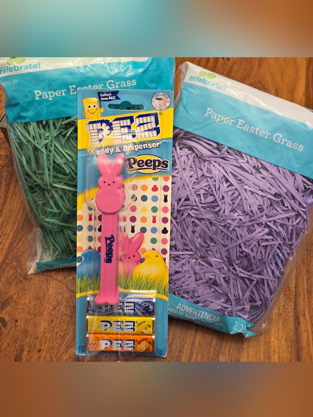 Easter Lot - Paper Grass And Peeps PEZ Candy And Dispenser